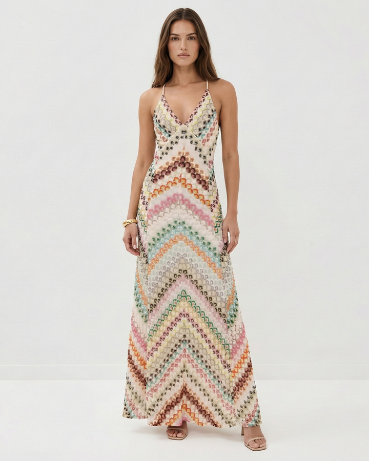 Women's Serena striped knit maxi dress with V-neck and backless design