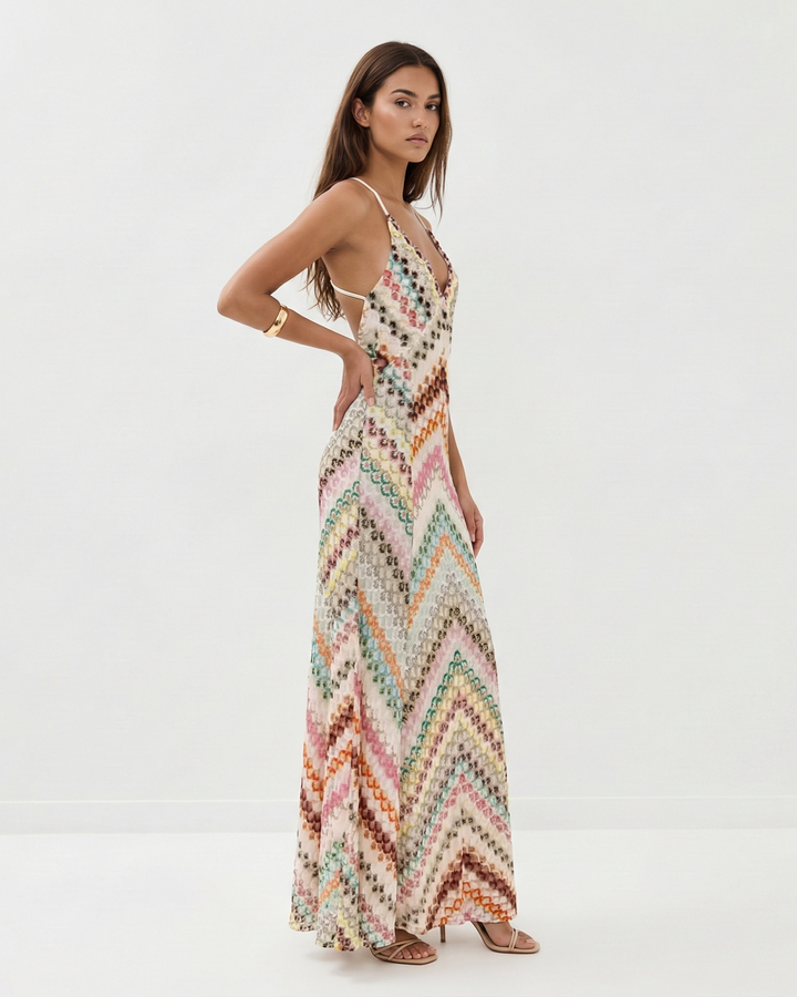 Elegant women's striped V-neck knit maxi dress for summer evenings