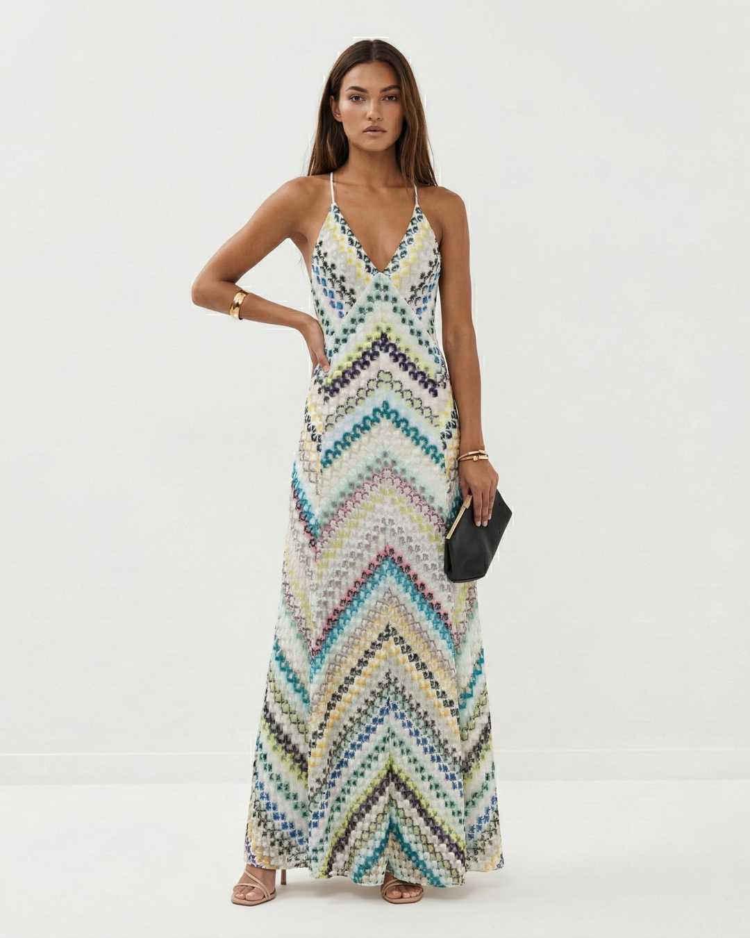 Stylish women's Serena knit maxi dress featuring a bold stripe pattern