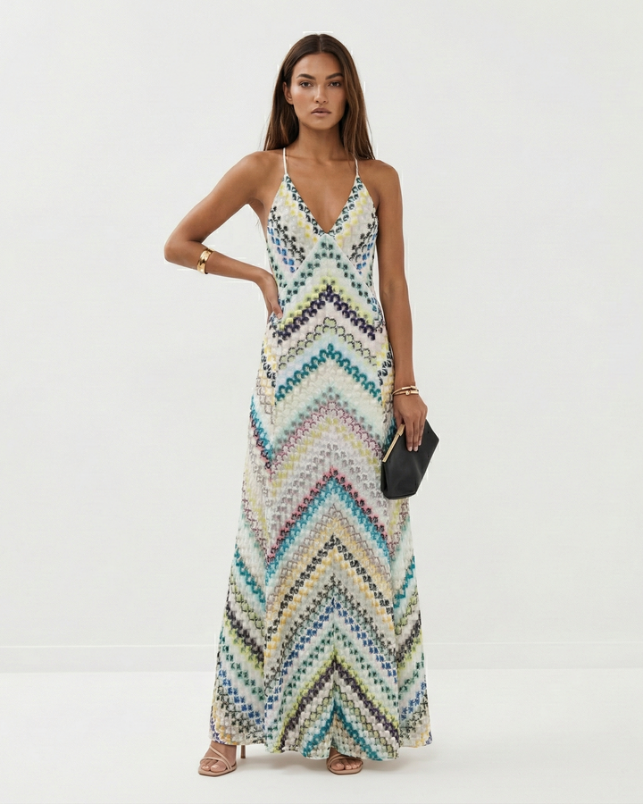 Stylish women's Serena knit maxi dress featuring a bold stripe pattern