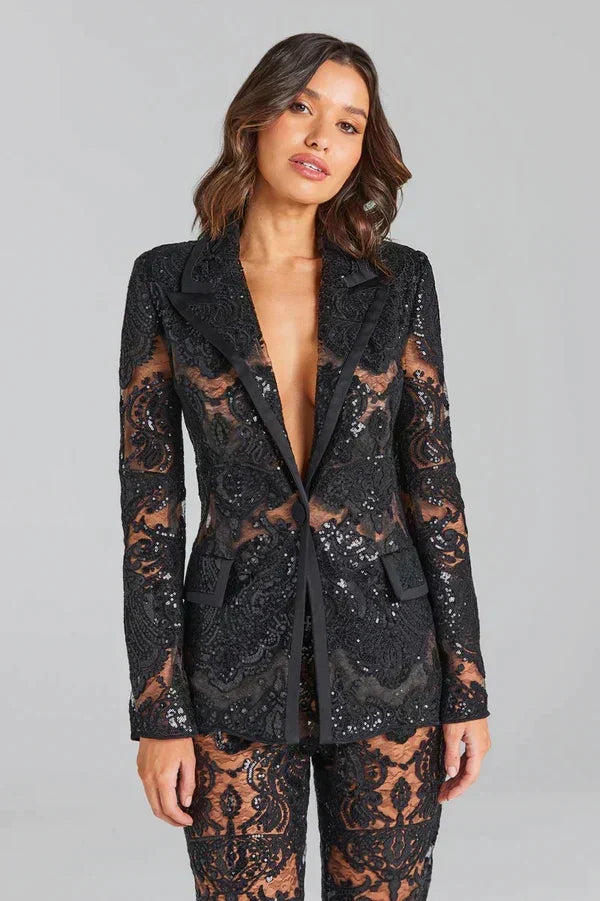 Stylish women's two-piece outfit featuring a transparent sheer blazer & chic flared trousers for a statement look.