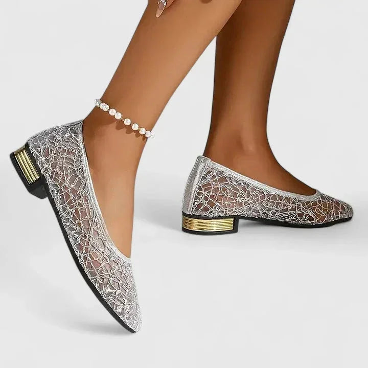 Comfortable women's sheer pointed-toe flats, low block heel. Versatile elegant footwear for dress or casual.