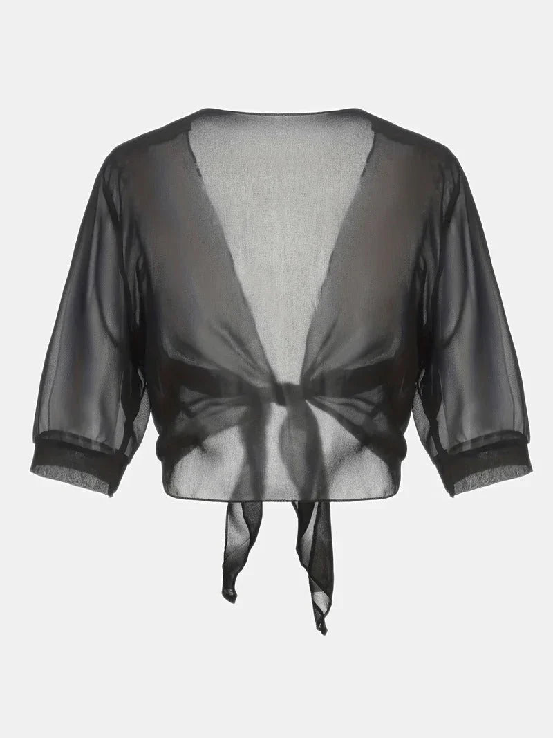 Fashionable sheer women's blouse with tie front, ideal for spring fashion trends.