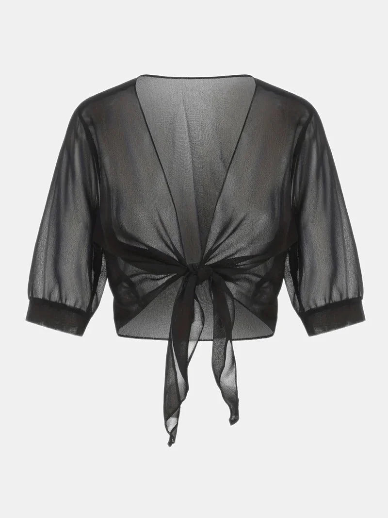 Casual chic women's sheer top, 3/4 sleeve, tie-front detail, lightweight material.
