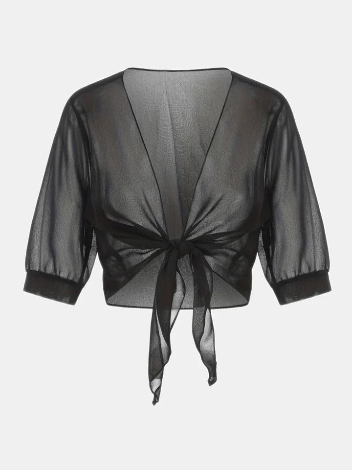 Casual chic women's sheer top, 3/4 sleeve, tie-front detail, lightweight material.