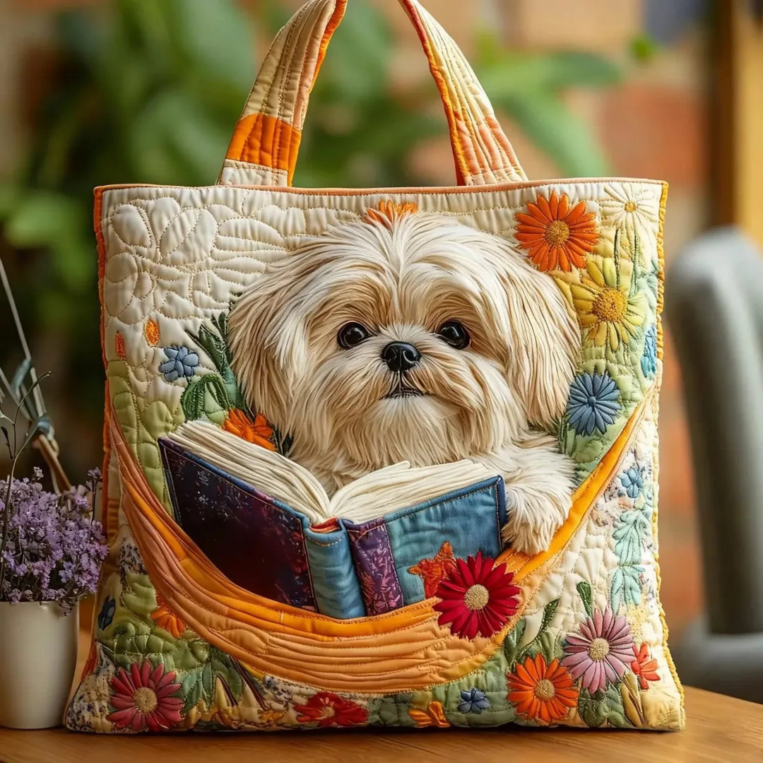 Women's Shih Tzu dog print tote bag with books, flowers, and a cute design, perfect as a shoulder bag or everyday tote.
