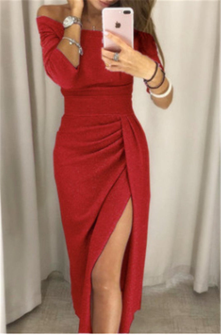 Women's shimmering party dress in motion. Glamorous, elegant evening wear for celebratory events.