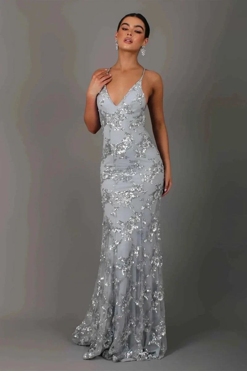 Stunning wine red sequin floor length evening gown, V-neck, spaghetti straps for elegant women's formal occasions.