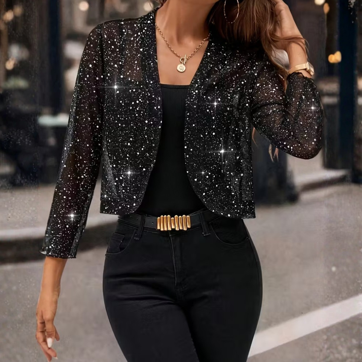 Elegant women's glitter jacket. Open-front sequin cardigan for party outfits, layered look, and evening wear.