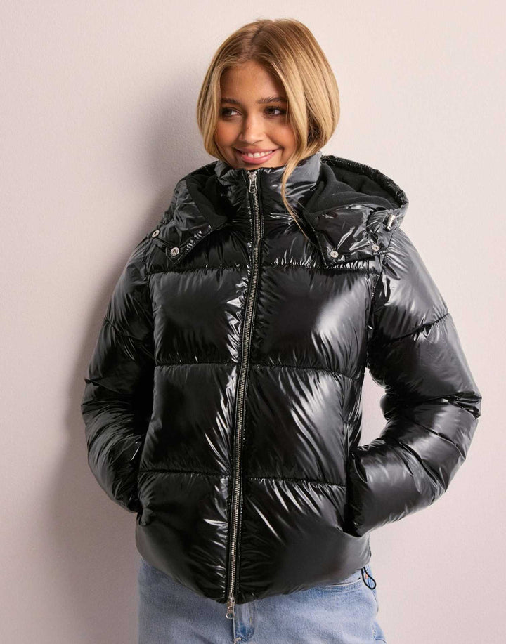 Front view of a women's shiny hooded jacket, perfect for casual and stylish outings.