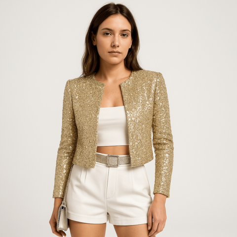 Women's shiny sequin evening jacket, perfect festive blazer for New Year's Eve parties & glamour night out.