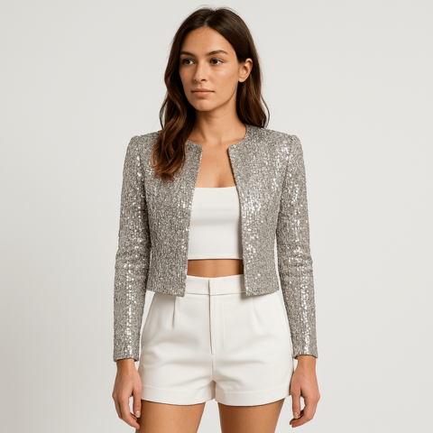Glamorous gold sequin women's jacket, a dazzling party outfit for New Year's Eve celebrations. Sparkle fashion.