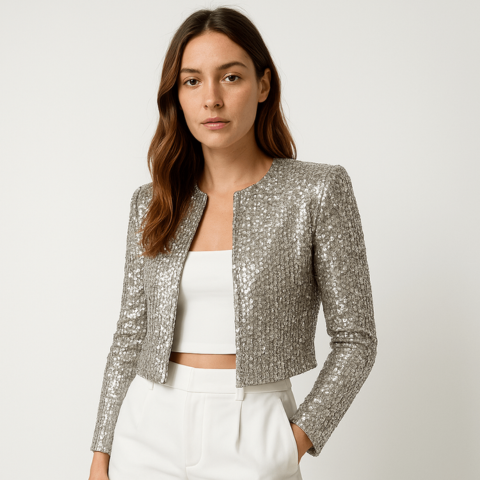 Elegant black sequin evening jacket for women, ideal festive blazer for New Year parties and night out fashion.