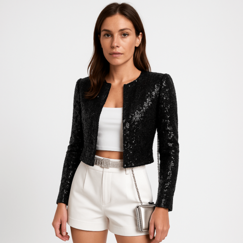 Shimmering silver sequin women's jacket, a chic party outfit for New Year's Eve & glamorous evening wear.