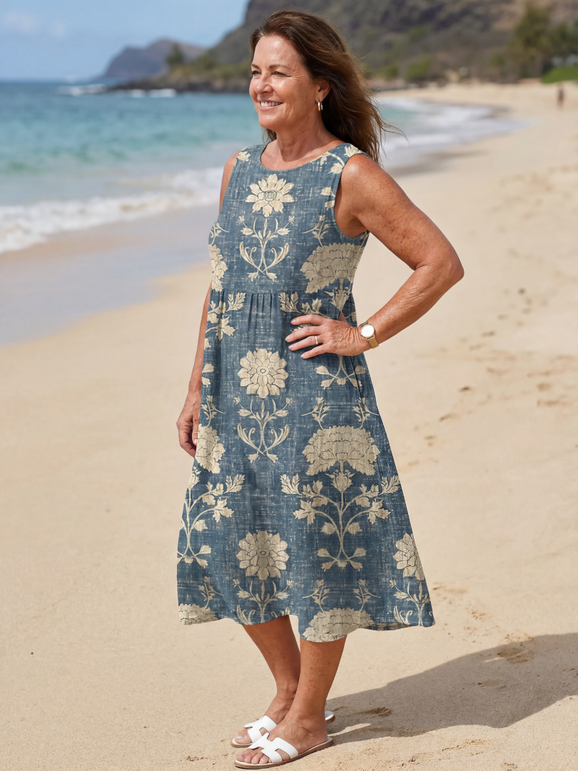 Sleeveless Shoreline floral midi dress for women, ideal for beachwear, vacations & summer style.