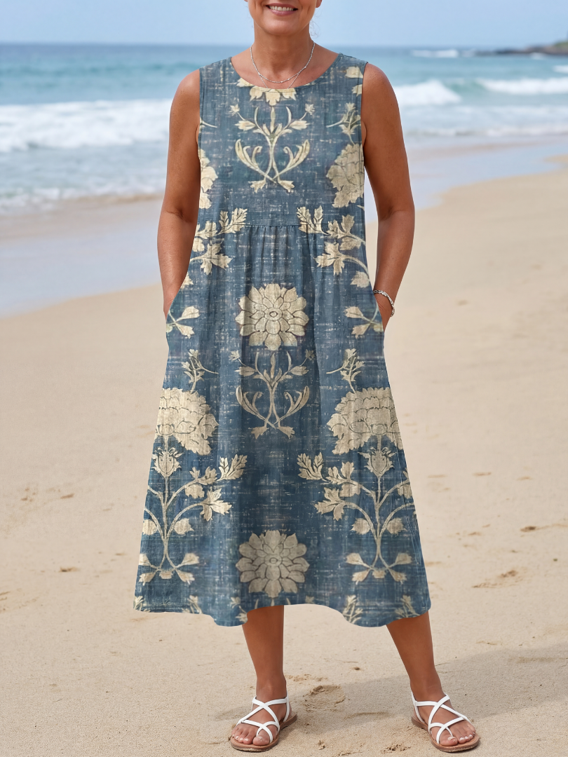 Comfortable women's relaxed fit floral midi dress, a pull-on design for easy summer fashion.