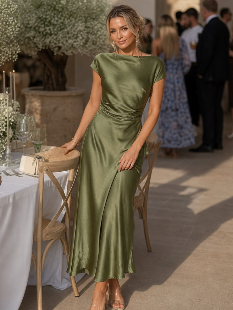 Elegant green women's short sleeve boat neck fitted midi dress, flattering for various occasions.