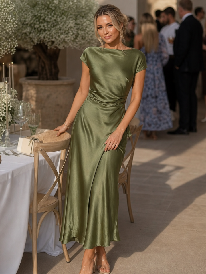Elegant green women's short sleeve boat neck fitted midi dress, flattering for various occasions.