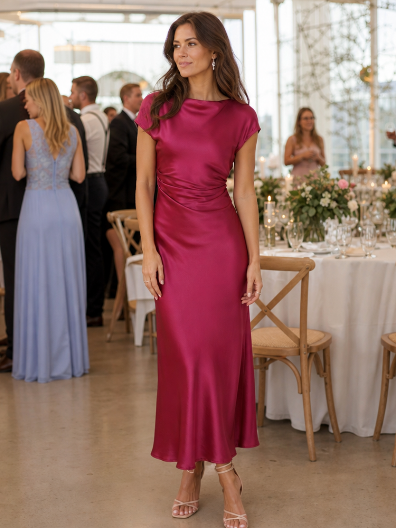 Stylish burgundy women's short sleeve boat neck fitted midi dress, perfect for party or office wear.
