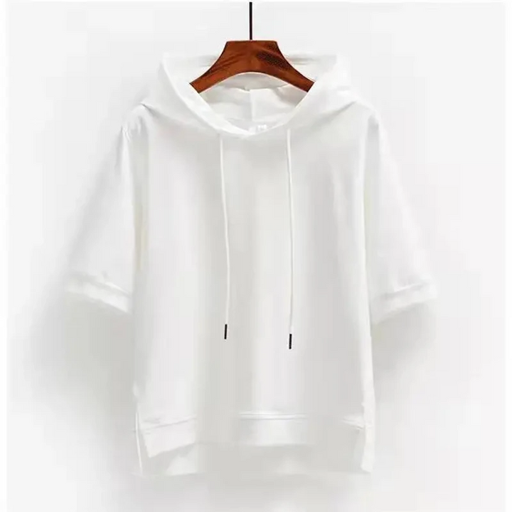 Relaxed fit women's short sleeve hoodie. Breathable cotton blend hooded top for comfortable everyday wear.