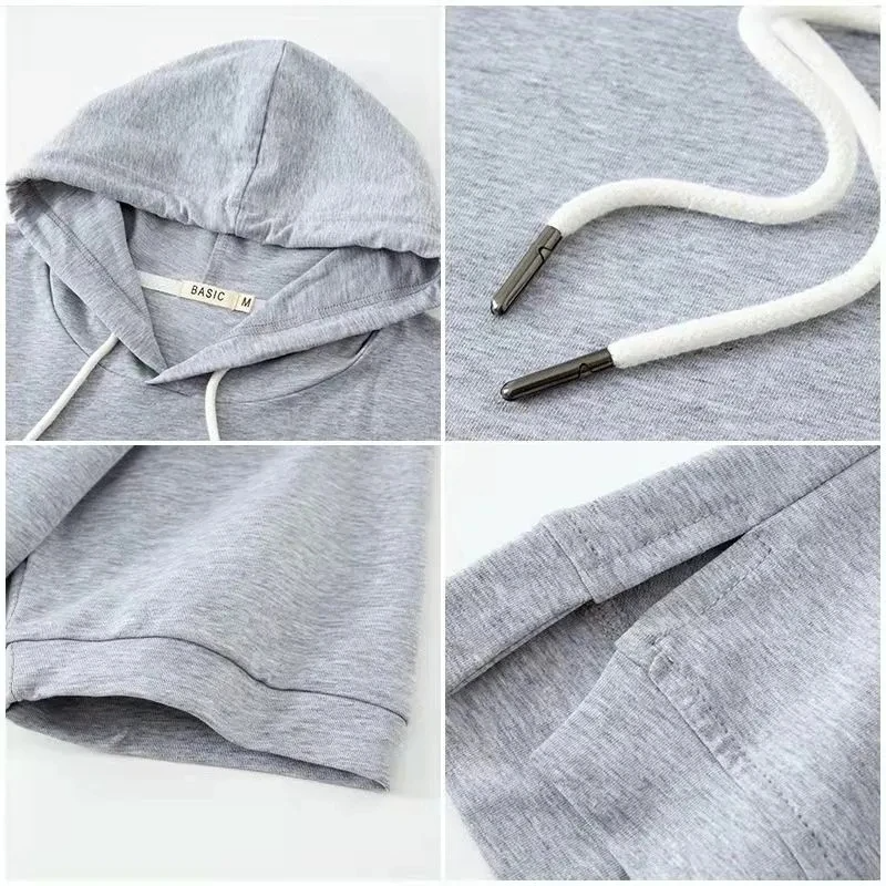 Women's short sleeve boxy hoodie with a split hem. Breathable cotton blend, relaxed fit for casual spring fashion.