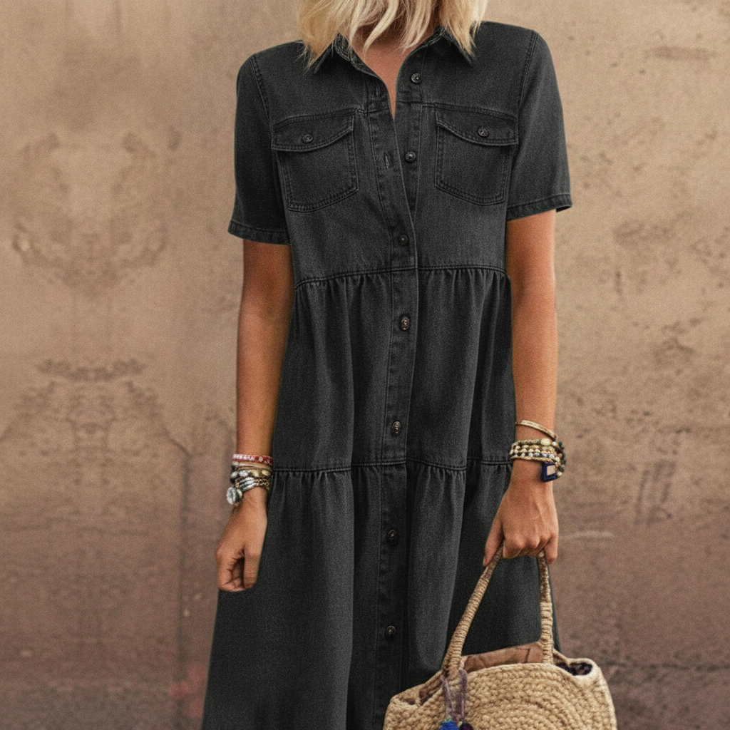 Women's short sleeve button-down maxi shirt dress with tiered skirt, perfect for summer casual wear.