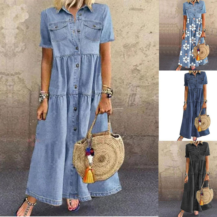 Relaxed fit women's short sleeve button-down maxi dress, ideal for travel and summer comfort.