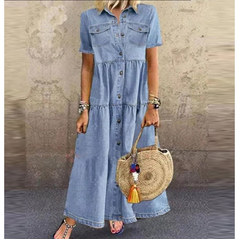 Casual women's short sleeve maxi shirt dress with convenient pockets and full button-down front.