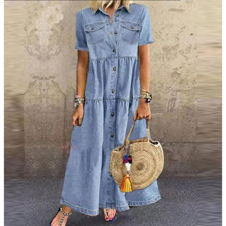Casual women's short sleeve maxi shirt dress with convenient pockets and full button-down front.