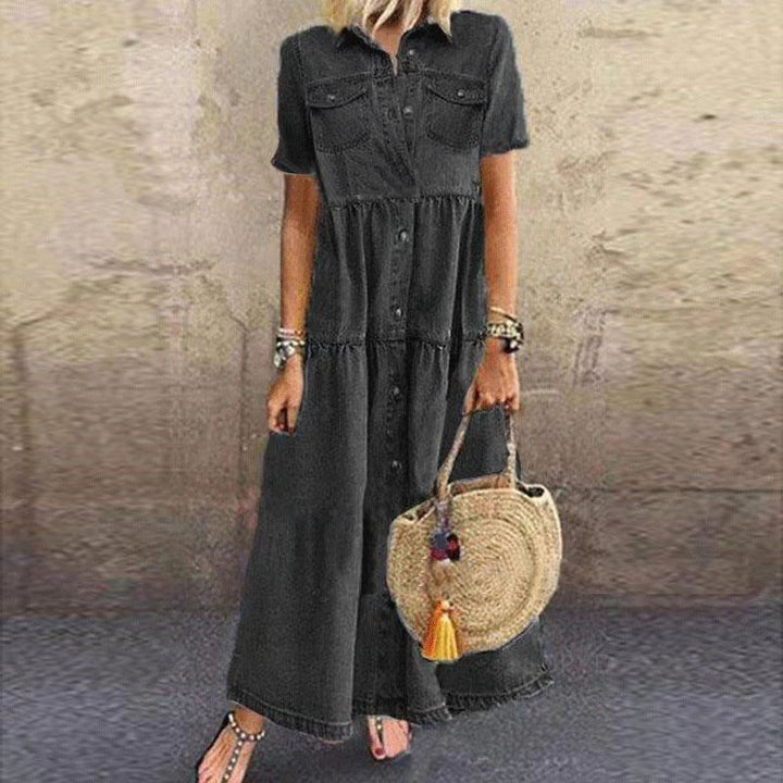 Versatile women's short sleeve button-down maxi dress, perfect for casual outings or summer travel.