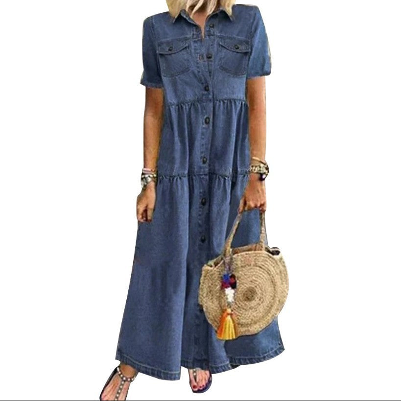 Lightweight women's short sleeve button-down maxi dress with a relaxed fit and practical pockets.