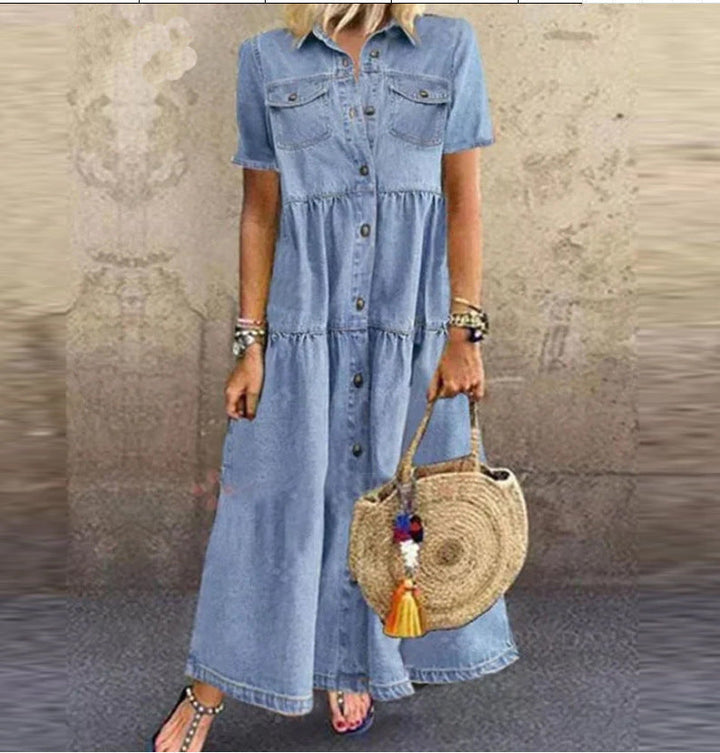 Chic women's short sleeve tiered maxi shirt dress, a comfortable button-down option for summer days.