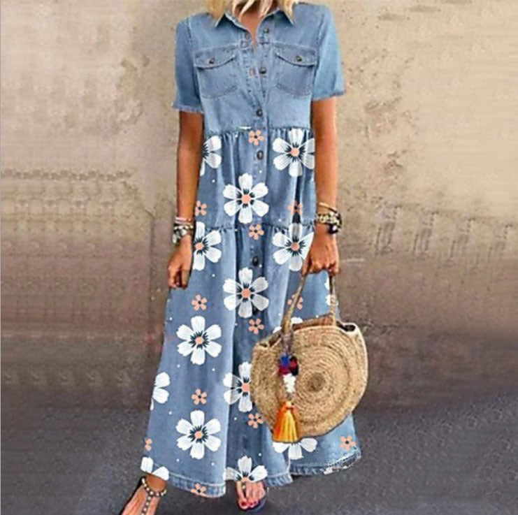 Effortless women's short sleeve button-down maxi dress, a relaxed fit shirt dress ideal for warm weather.