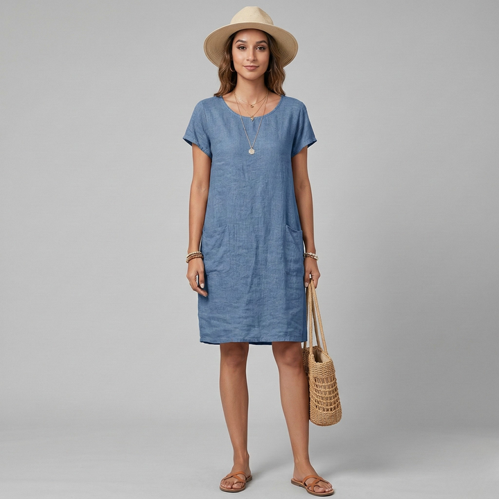 Women's short sleeve casual mini dress with pockets. Comfortable, relaxed fit, perfect for summer everyday wear.