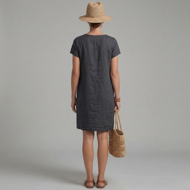 Versatile women's short sleeve shift mini dress. Effortless casual style, comfortable for warm weather & everyday.
