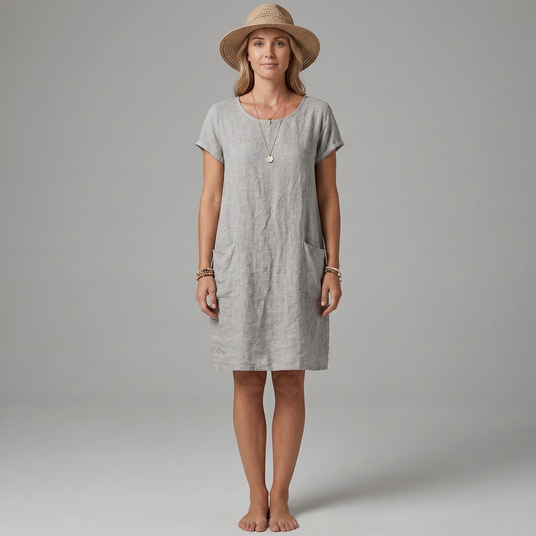 Effortless women's short sleeve summer mini dress. Casual style with pockets, great for comfortable daily wear.