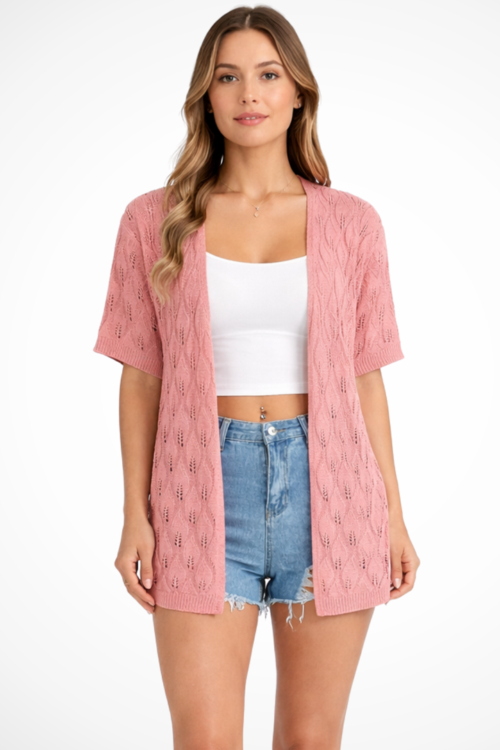 Women's short sleeve crochet cardigan, perfect for effortless layering & summer style.