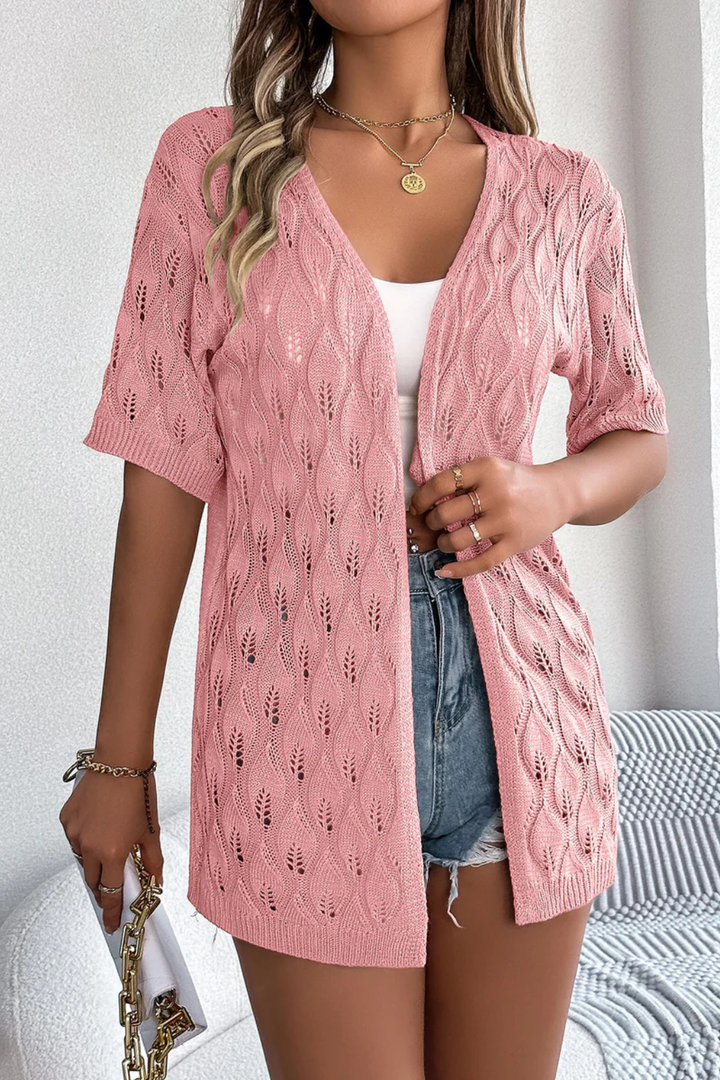 Lightweight sheer crochet knit cardigan with short sleeves, ideal for spring & summer layering.