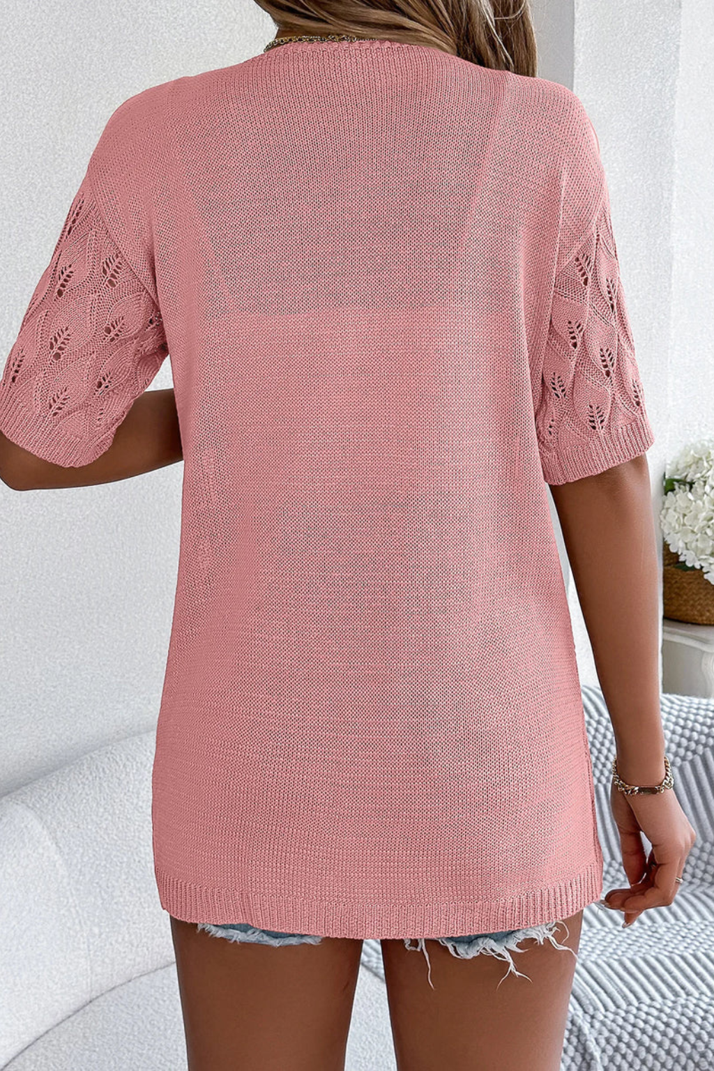 Stylish crochet short sleeve cardigan, a perfect lightweight beach cover-up or summer outfit layer.