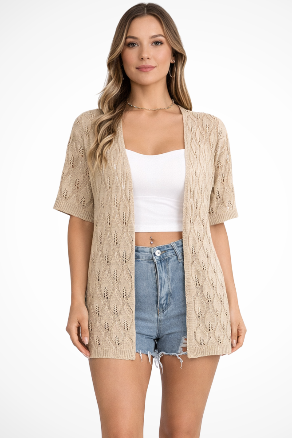 Open-front short sleeve crochet cardigan for women, offering a casual chic and airy spring look.