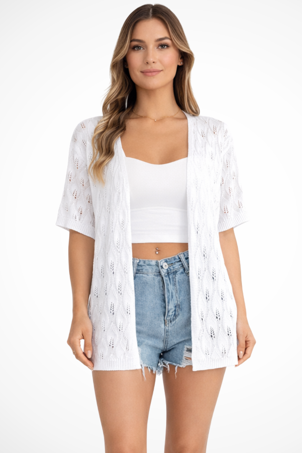 Casual chic women's short sleeve crochet cardigan, adding versatile style to any spring or summer outfit.