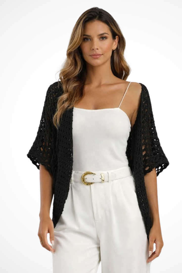 Stylish women's short sleeve crochet cover-up, an open front lightweight cardigan ideal for summer outfits & layering.