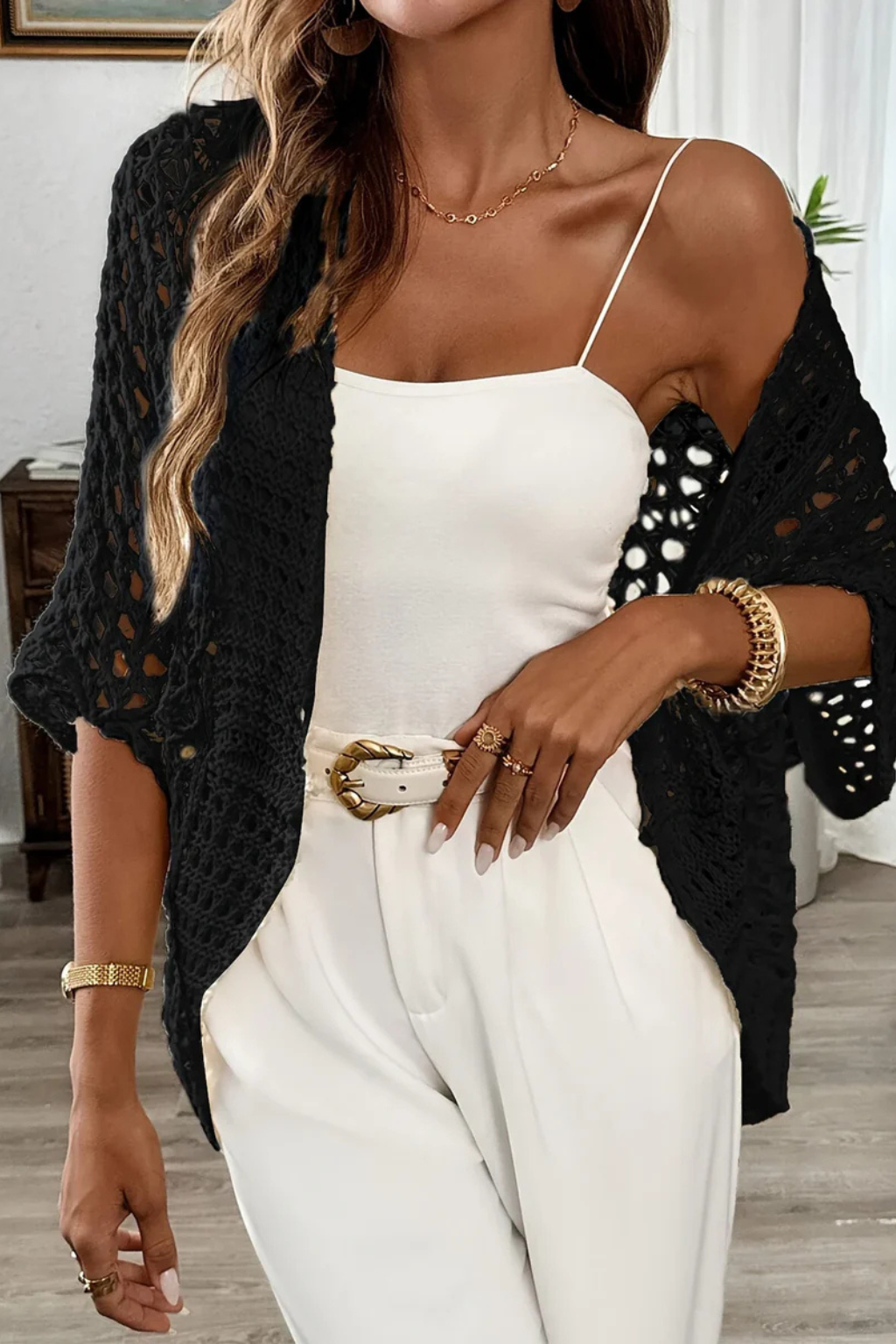 Casual elegant women's short sleeve crochet top, a lightweight textured knit cardigan for comfortable spring wear.