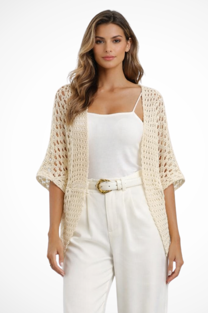 Women's short sleeve open front crochet cardigan, a lightweight layering piece for versatile spring & summer fashion.