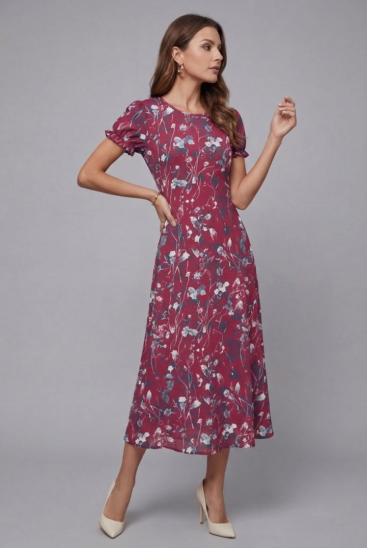 Elegant short sleeve floral midi dress for day or evening wear.