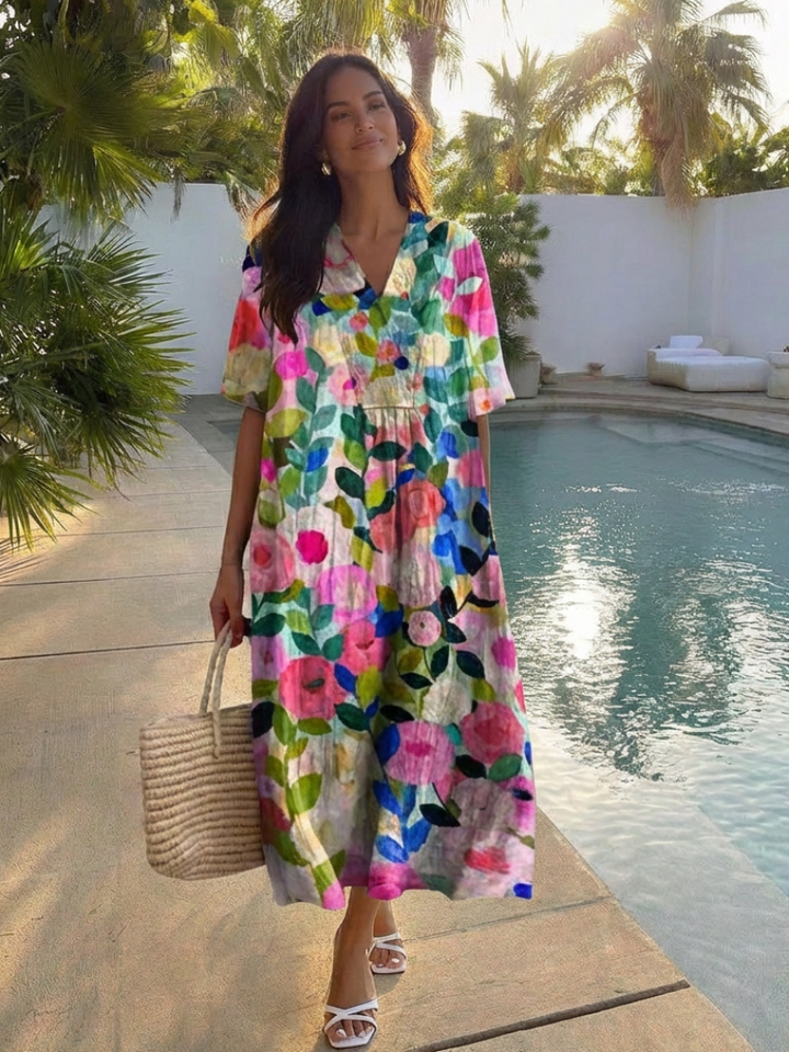 Comfortable women's pull-on floral midi dress with short sleeves, ideal for spring and summer vacation.