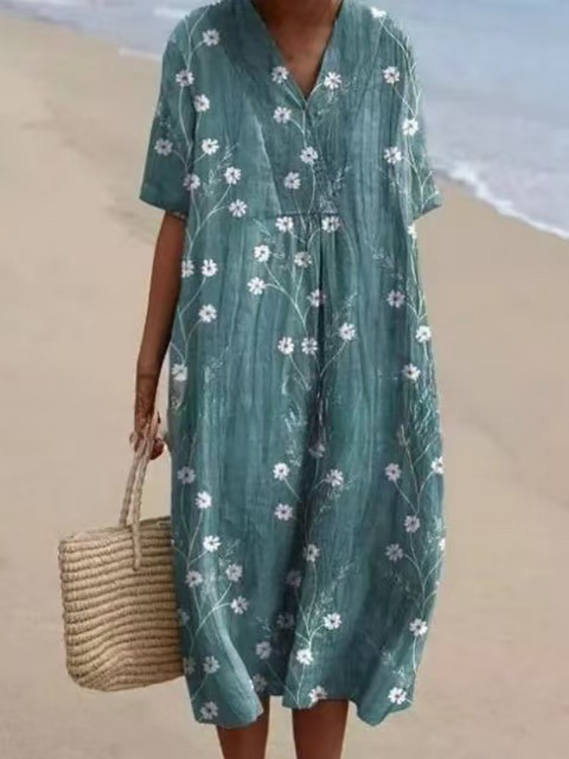 Stylish women's short sleeve floral midi dress, relaxed fit for a casual and comfortable daily look.