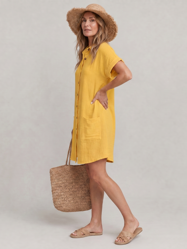 Relaxed fit women's comfort dress, short sleeve, knee length, perfect for everyday wear.