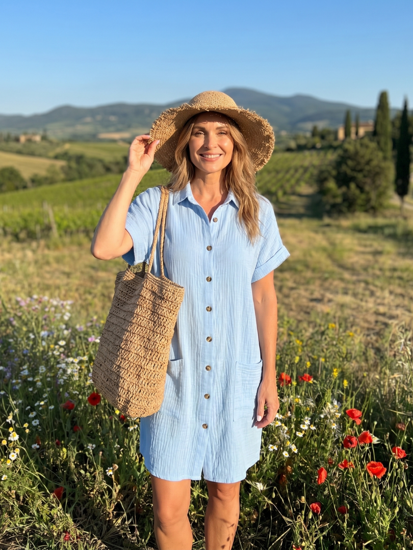 Women's fashionable short sleeve knee length dress, suitable for daily wear, with convenient pockets.