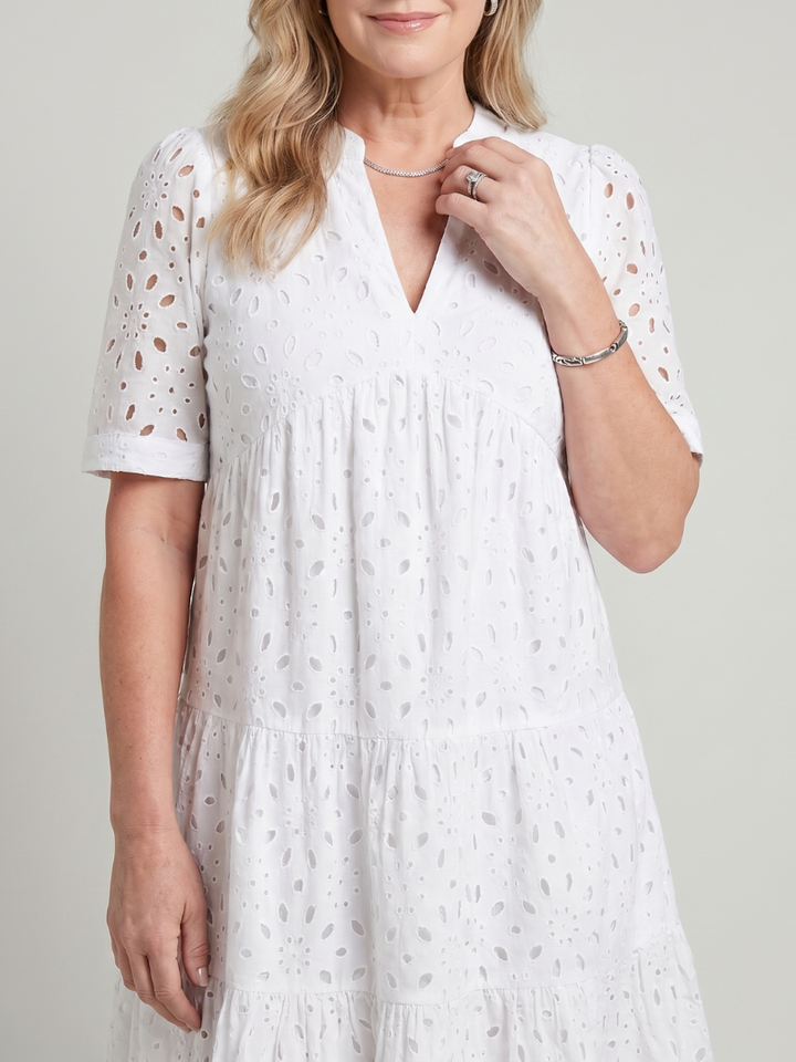 Stylish women's casual dress, short sleeve with eyelet design. Knee-length & V-neck. Perfect relaxed fit for summer.